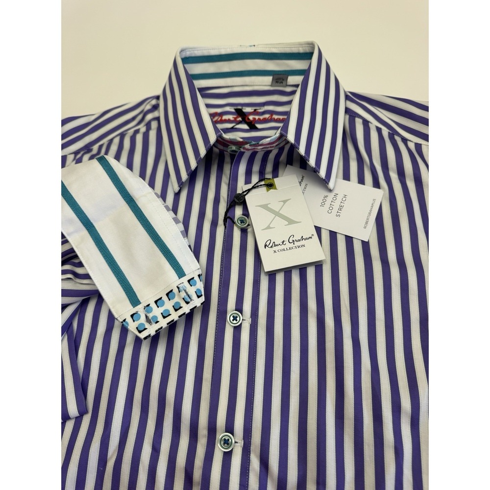 NWT Robert Graham X LANAI Purple Stripe Flip Cuff Trim Fit Shirt MED $188 READ